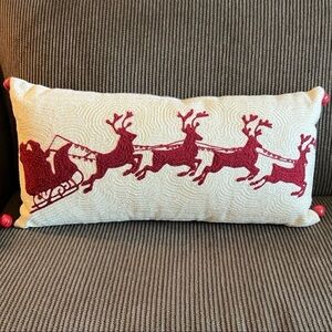 Pottery Barn Sleigh Crewel Embroidered Lumbar Christmas Pillow with Jingle Bells